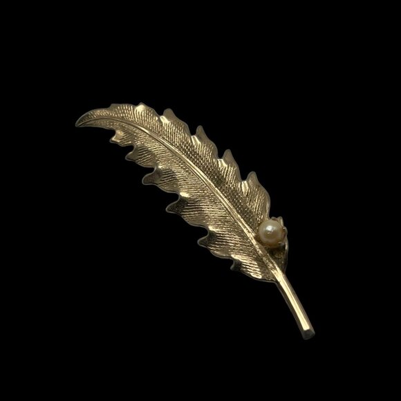 Unbranded Jewelry - Leaf Brooch Textured Gold Tone Faux Pearl Accent Vintage Pin‎